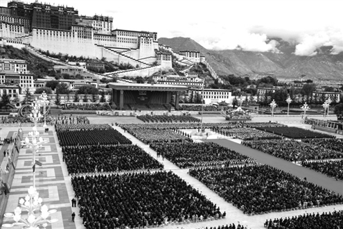 8月21日上午,西藏各族各界干部群众约2万人欢聚拉萨市布达拉宫广场,热烈庆祝西藏自治区成立60周年。这是庆祝大会现场。新华社发